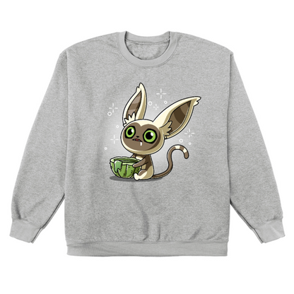 Crew Neck Sweatshirt_TeeTurtle heather gray Momo's Cactus Juice Crew Neck Sweatshirt featuring Momo from Avatar: The Last Airbender, holding a cactus cup with something dripping down the side. He is drooling and looks dazed. 