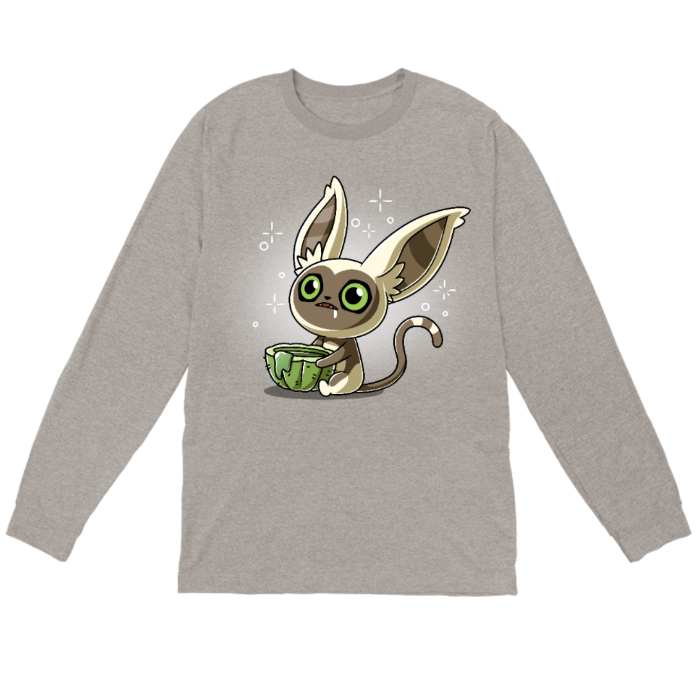 Long Sleeve T-shirt_TeeTurtle heather gray Momo's Cactus Juice Long Sleeve T-shirt featuring Momo from Avatar: The Last Airbender, holding a cactus cup with something dripping down the side. He is drooling and looks dazed. 