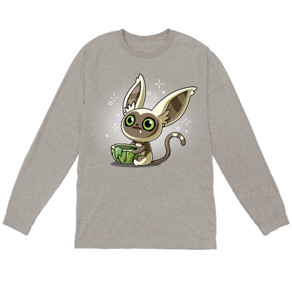 Long Sleeve T-shirt_TeeTurtle heather gray Momo's Cactus Juice Long Sleeve T-shirt featuring Momo from Avatar: The Last Airbender, holding a cactus cup with something dripping down the side. He is drooling and looks dazed. 