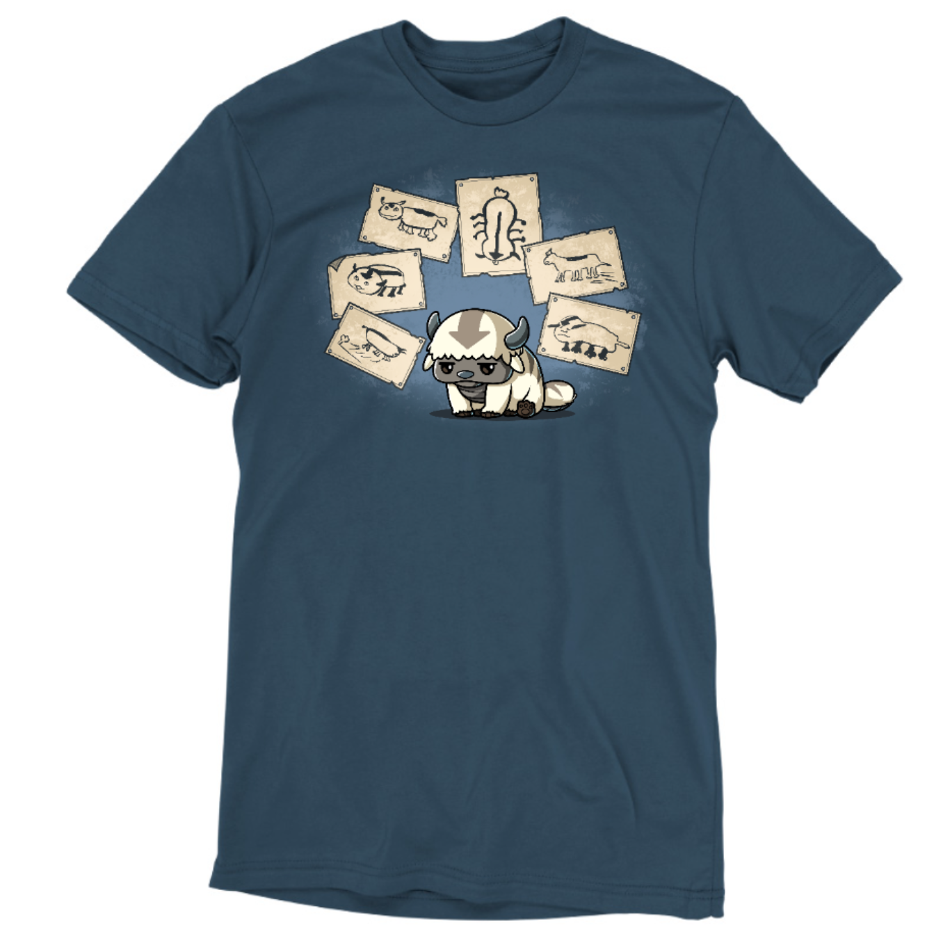 Premium Cotton T-shirt_TeeTurtle denim blue Have You Seen This Air Bison Premium Cotton T-shirt featuring Appa from Avatar: The Last Airbender sitting dejectedly while surrounded by Sokka's drawings of him, none of which actually look much like him. 