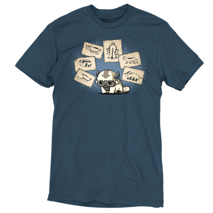Premium Cotton T-shirt_TeeTurtle denim blue Have You Seen This Air Bison Premium Cotton T-shirt featuring Appa from Avatar: The Last Airbender sitting dejectedly while surrounded by Sokka's drawings of him, none of which actually look much like him. 