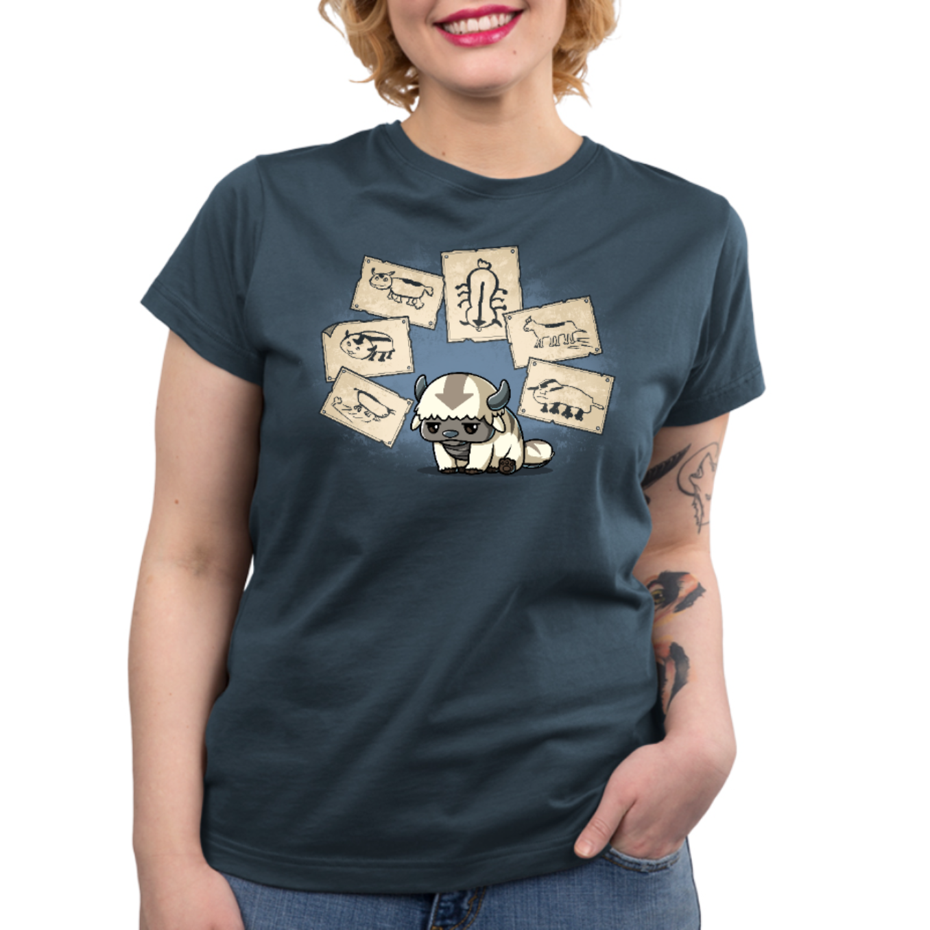 Premium Cotton T-shirt_TeeTurtle denim blue Have You Seen This Air Bison Premium Cotton T-shirt featuring Appa from Avatar: The Last Airbender sitting dejectedly while surrounded by Sokka's drawings of him, none of which actually look much like him. 