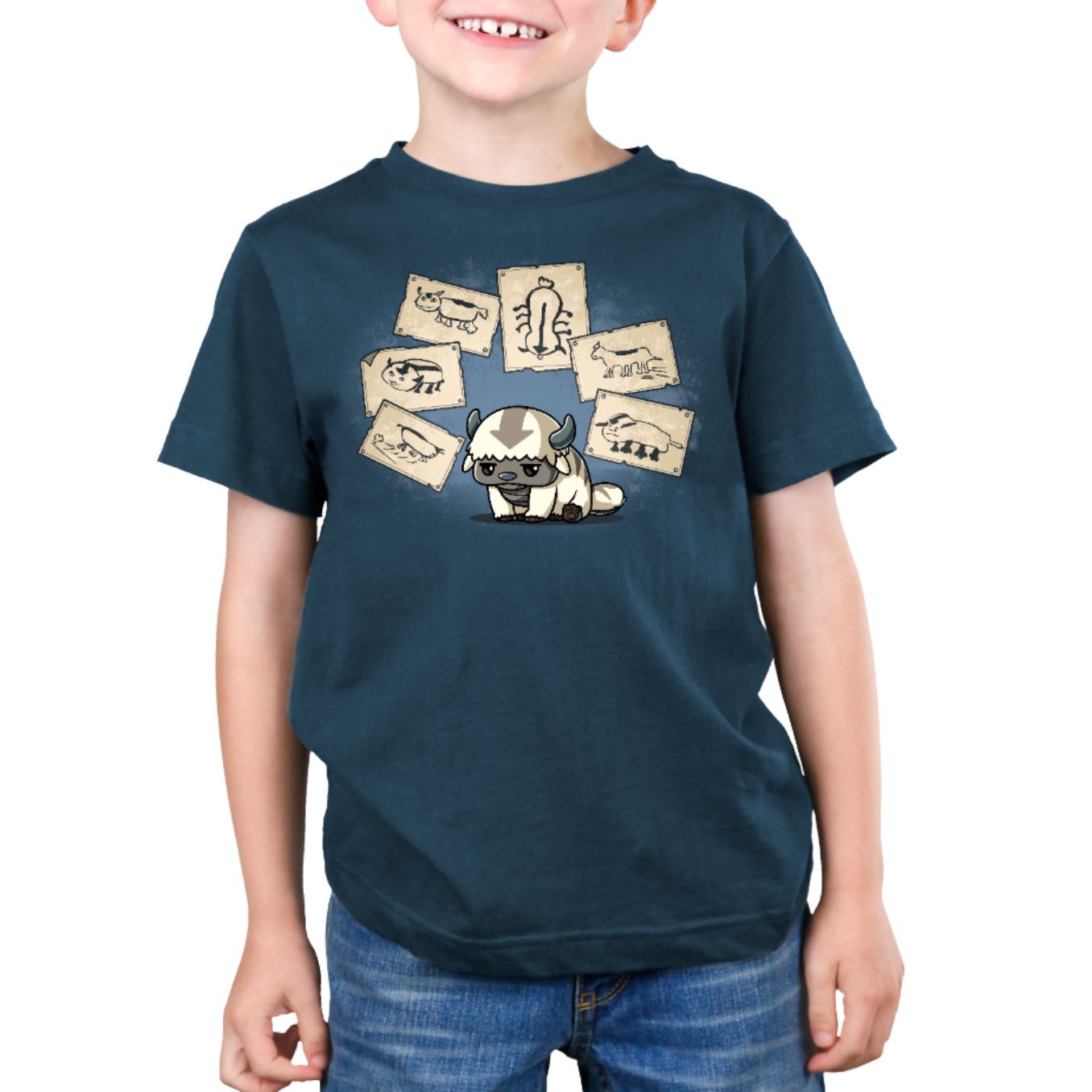 Premium Cotton T-shirt_TeeTurtle denim blue Have You Seen This Air Bison Premium Cotton T-shirt featuring Appa from Avatar: The Last Airbender sitting dejectedly while surrounded by Sokka's drawings of him, none of which actually look much like him. 