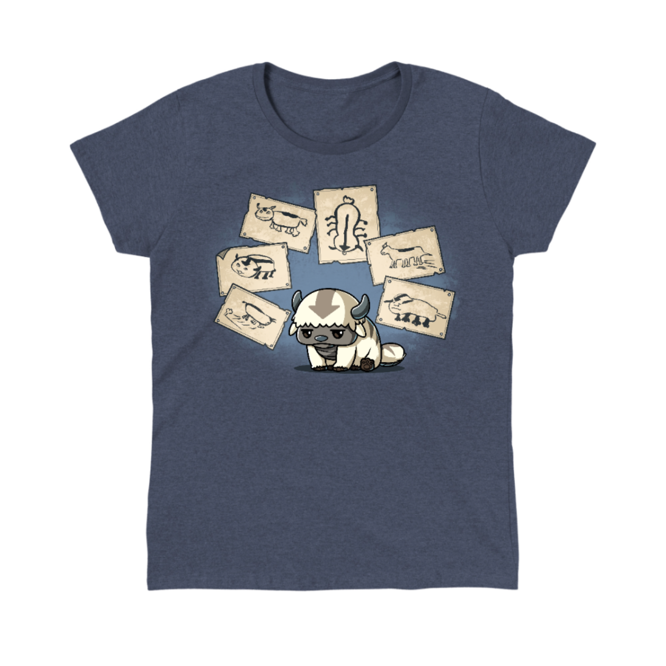 Classic Cotton T-shirt_TeeTurtle heather navy blue Have You Seen This Air Bison Classic Cotton T-shirt featuring Appa from Avatar: The Last Airbender sitting dejectedly while surrounded by Sokka's drawings of him, none of which actually look much like him. 