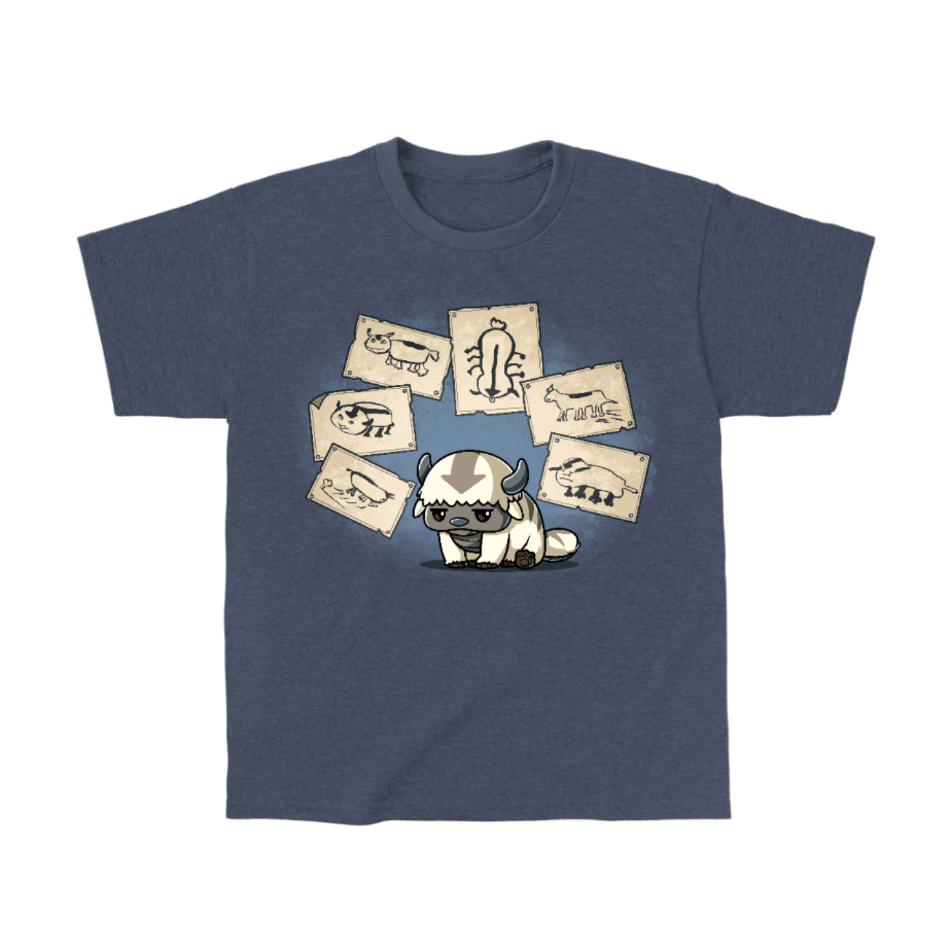 Classic Cotton T-shirt_TeeTurtle heather navy blue Have You Seen This Air Bison Classic Cotton T-shirt featuring Appa from Avatar: The Last Airbender sitting dejectedly while surrounded by Sokka's drawings of him, none of which actually look much like him. 