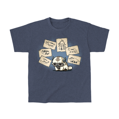 Classic Cotton T-shirt_TeeTurtle heather navy blue Have You Seen This Air Bison Classic Cotton T-shirt featuring Appa from Avatar: The Last Airbender sitting dejectedly while surrounded by Sokka's drawings of him, none of which actually look much like him. 
