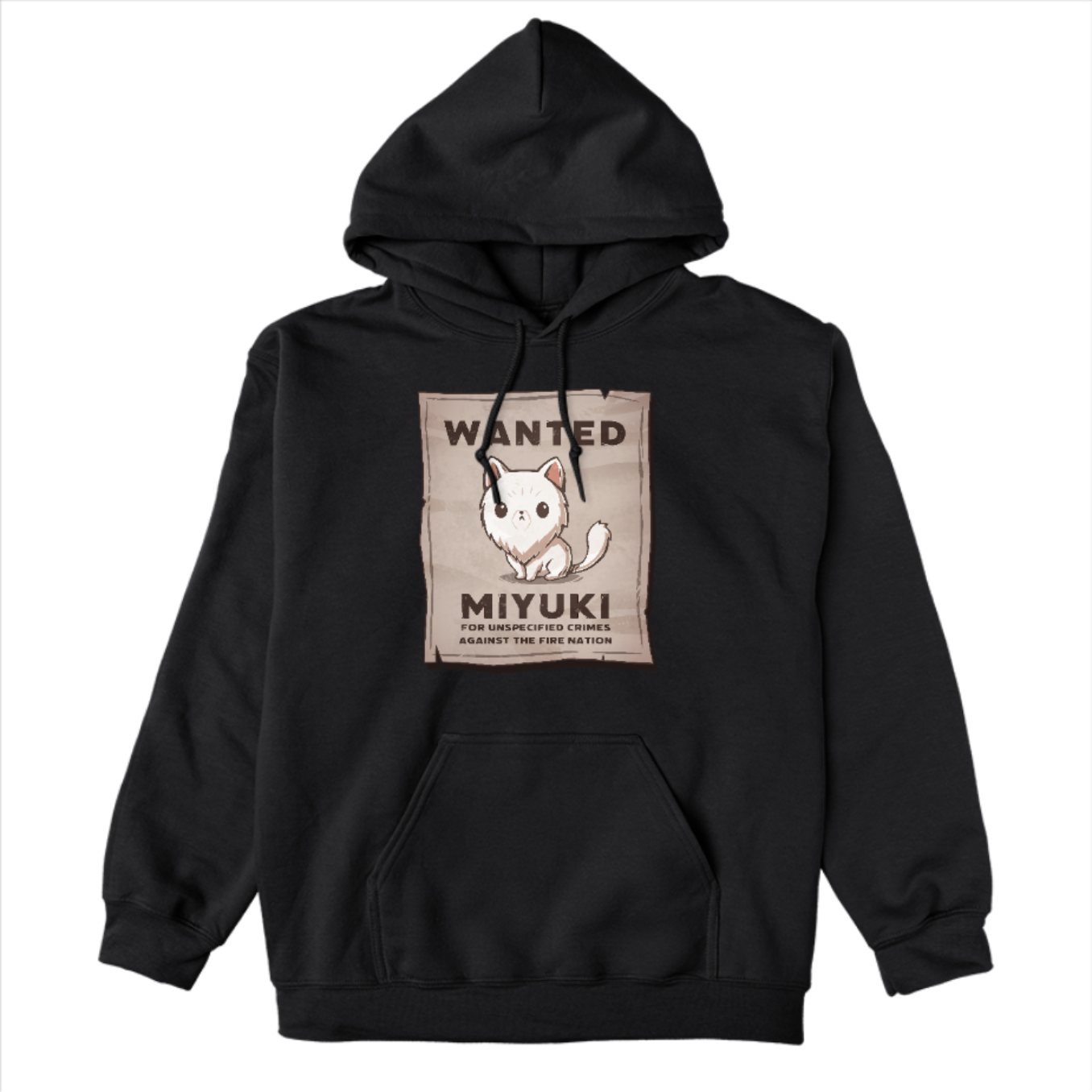 Pullover Hoodie_TeeTurtle black Miyuki Wanted Poster Pullover Hoodie featuring a tattered wanted poster with a drawing of a fluffy frowning white cat wth the text "Wanted Miyuki For Unspecified Crimes Against the Fire Nation". 