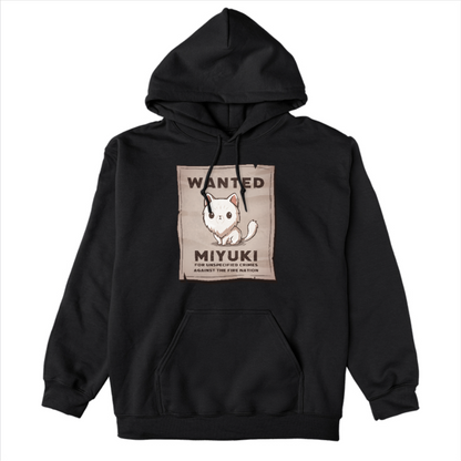 Pullover Hoodie_TeeTurtle black Miyuki Wanted Poster Pullover Hoodie featuring a tattered wanted poster with a drawing of a fluffy frowning white cat wth the text "Wanted Miyuki For Unspecified Crimes Against the Fire Nation". 