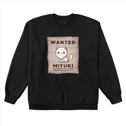 Crew Neck Sweatshirt_TeeTurtle black Miyuki Wanted Poster Crew Neck Sweatshirt featuring a tattered wanted poster with a drawing of a fluffy frowning white cat wth the text "Wanted Miyuki For Unspecified Crimes Against the Fire Nation". 