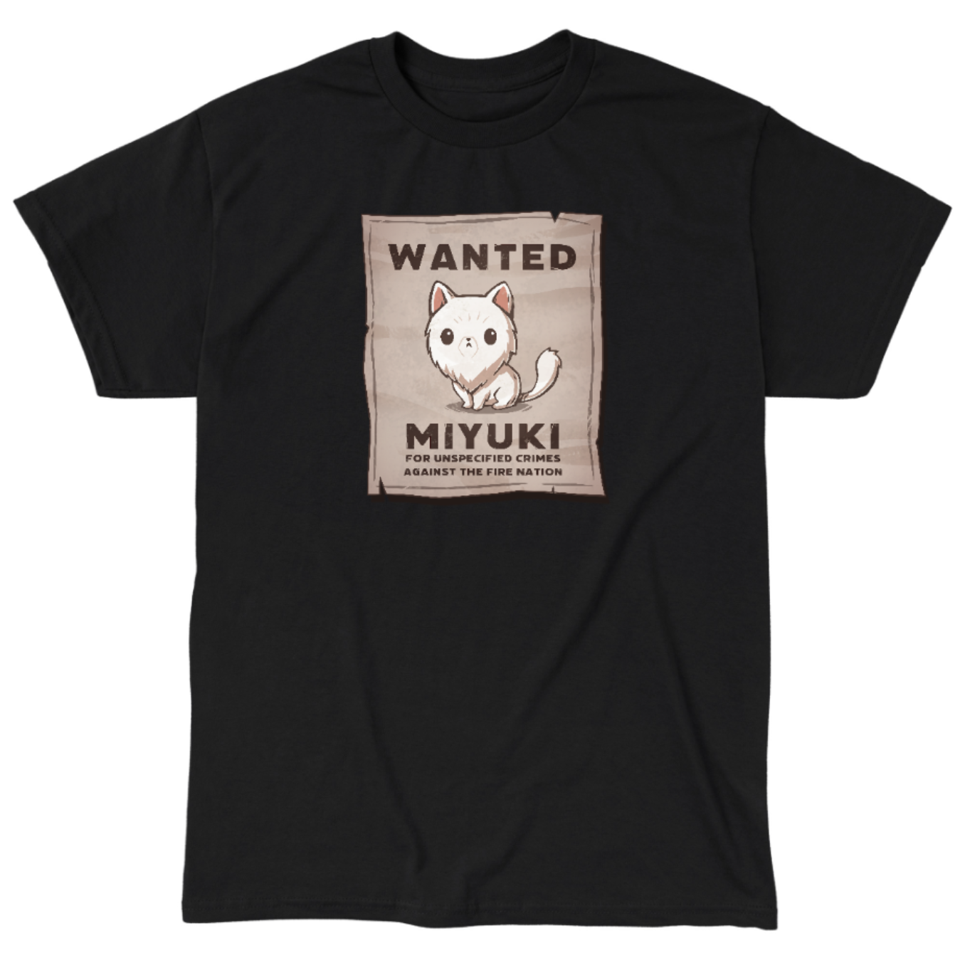 Classic Cotton T-shirt_TeeTurtle black Miyuki Wanted Poster Classic Cotton T-shirt featuring a tattered wanted poster with a drawing of a fluffy frowning white cat wth the text "Wanted Miyuki For Unspecified Crimes Against the Fire Nation". 