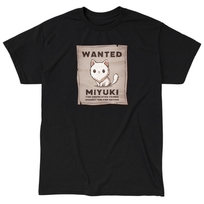 Classic Cotton T-shirt_TeeTurtle black Miyuki Wanted Poster Classic Cotton T-shirt featuring a tattered wanted poster with a drawing of a fluffy frowning white cat wth the text "Wanted Miyuki For Unspecified Crimes Against the Fire Nation". 