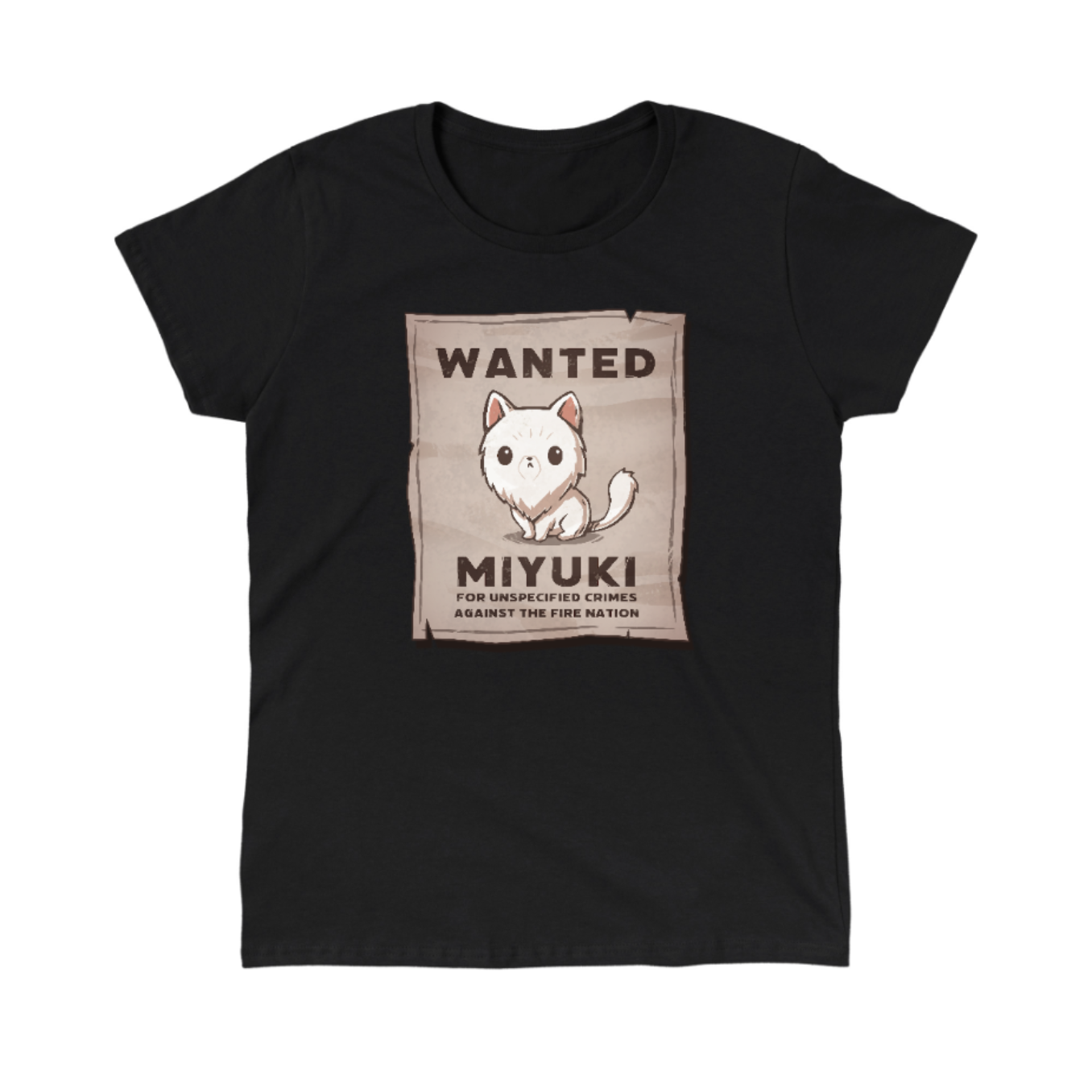 Classic Cotton T-shirt_TeeTurtle black Miyuki Wanted Poster Classic Cotton T-shirt featuring a tattered wanted poster with a drawing of a fluffy frowning white cat wth the text "Wanted Miyuki For Unspecified Crimes Against the Fire Nation". 