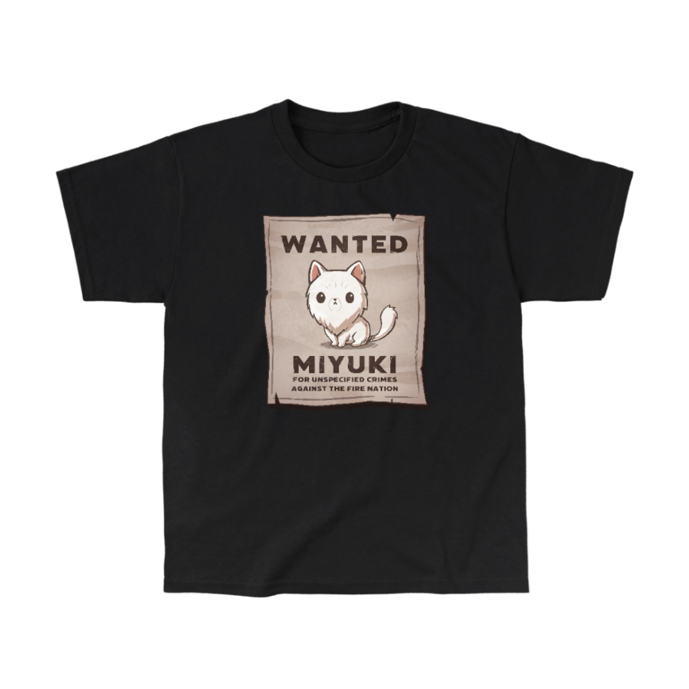 Classic Cotton T-shirt_TeeTurtle black Miyuki Wanted Poster Classic Cotton T-shirt featuring a tattered wanted poster with a drawing of a fluffy frowning white cat wth the text "Wanted Miyuki For Unspecified Crimes Against the Fire Nation". 