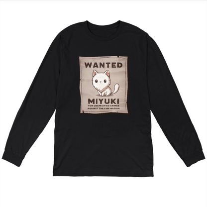 Long Sleeve T-shirt_TeeTurtle black Miyuki Wanted Poster Long Sleeve T-shirt featuring a tattered wanted poster with a drawing of a fluffy frowning white cat wth the text "Wanted Miyuki For Unspecified Crimes Against the Fire Nation". 