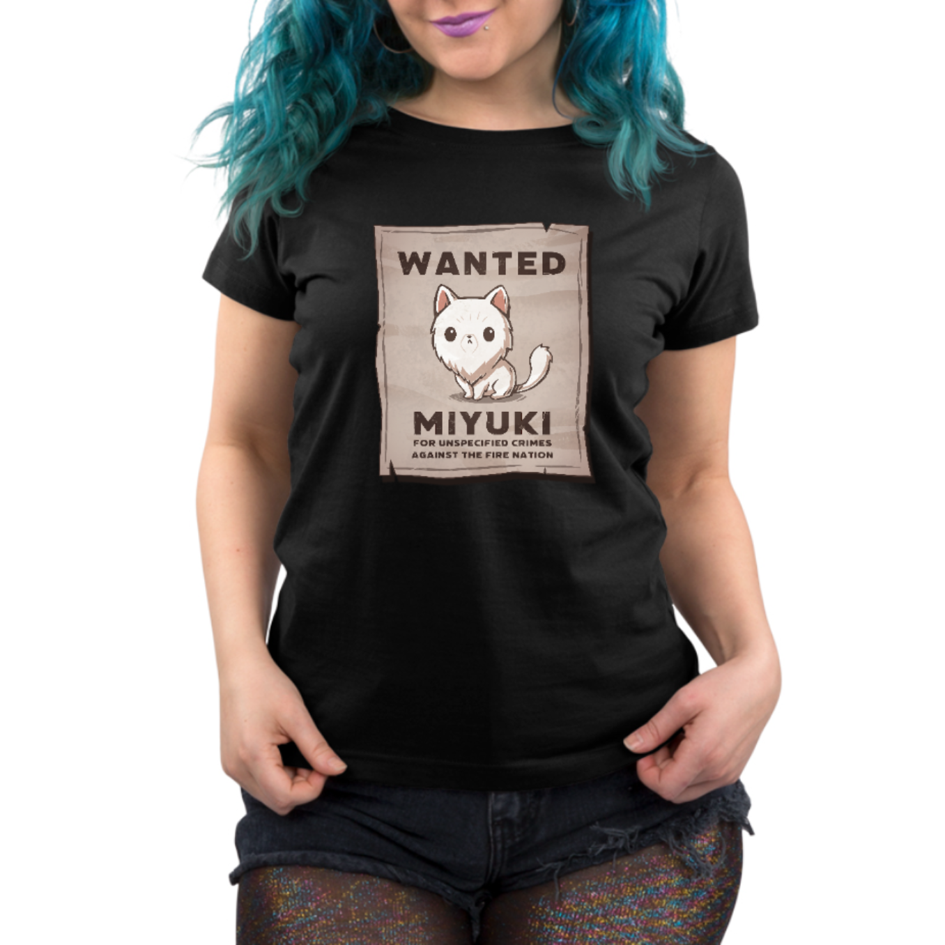Premium Cotton T-shirt_TeeTurtle black Miyuki Wanted Poster Premium Cotton T-shirt featuring a tattered wanted poster with a drawing of a fluffy frowning white cat wth the text "Wanted Miyuki For Unspecified Crimes Against the Fire Nation". 