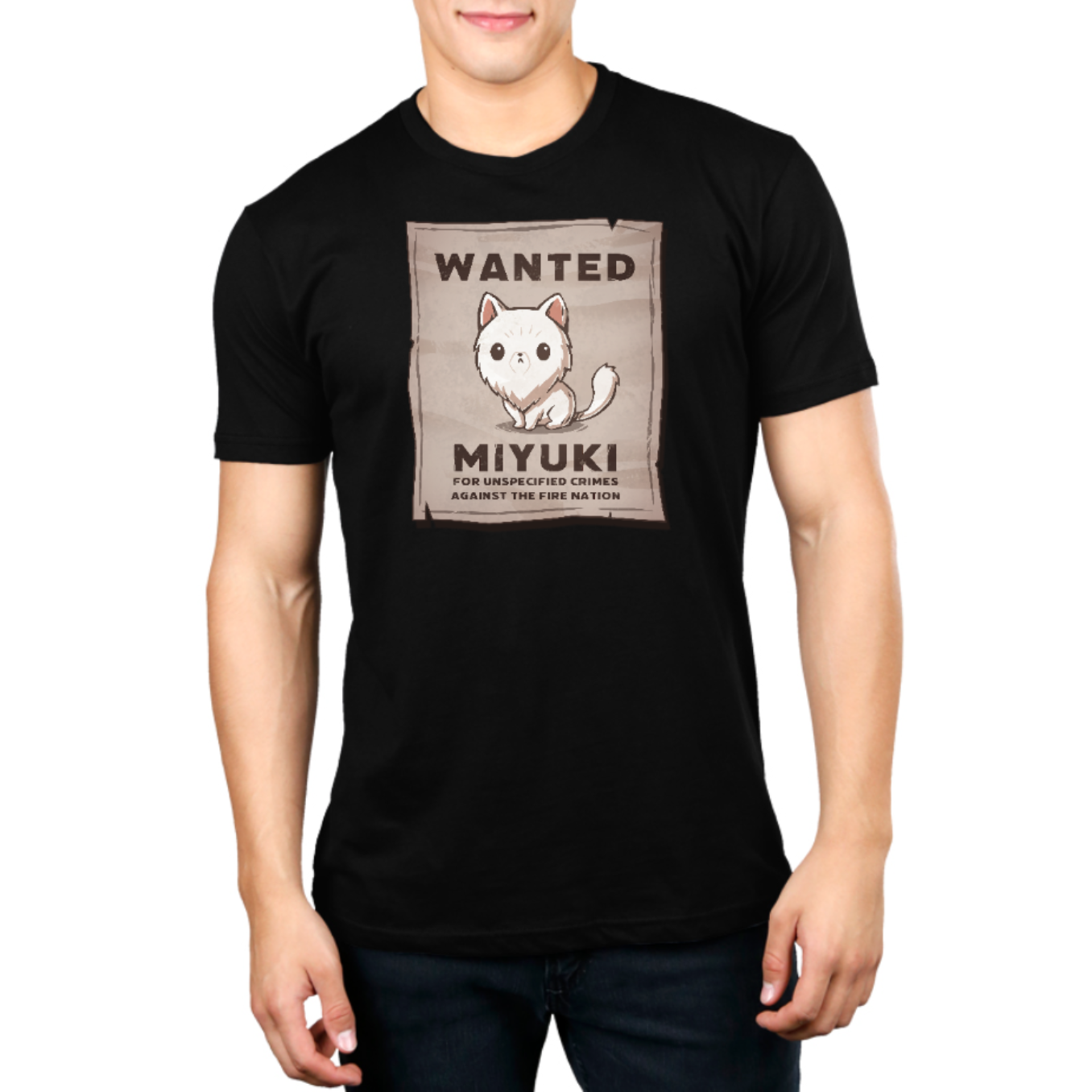 Premium Cotton T-shirt_TeeTurtle black Miyuki Wanted Poster Premium Cotton T-shirt featuring a tattered wanted poster with a drawing of a fluffy frowning white cat wth the text "Wanted Miyuki For Unspecified Crimes Against the Fire Nation". 