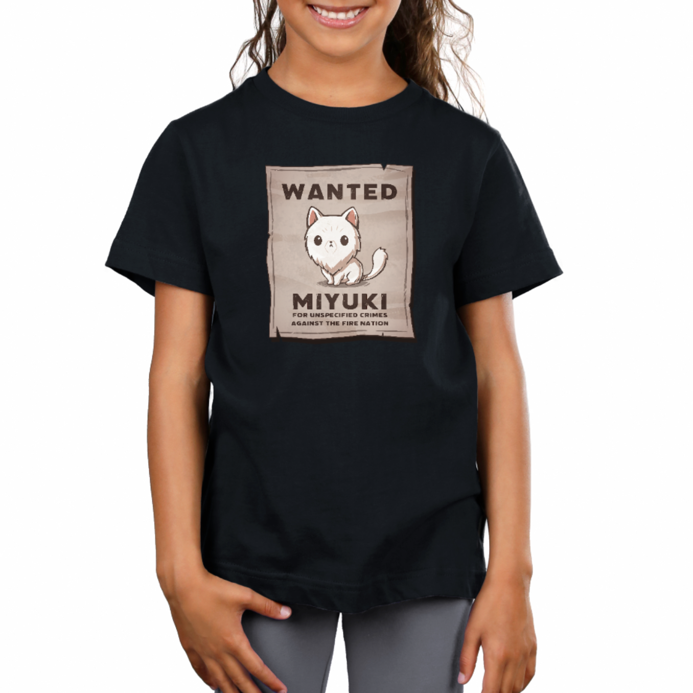 Premium Cotton T-shirt_TeeTurtle black Miyuki Wanted Poster Premium Cotton T-shirt featuring a tattered wanted poster with a drawing of a fluffy frowning white cat wth the text "Wanted Miyuki For Unspecified Crimes Against the Fire Nation". 