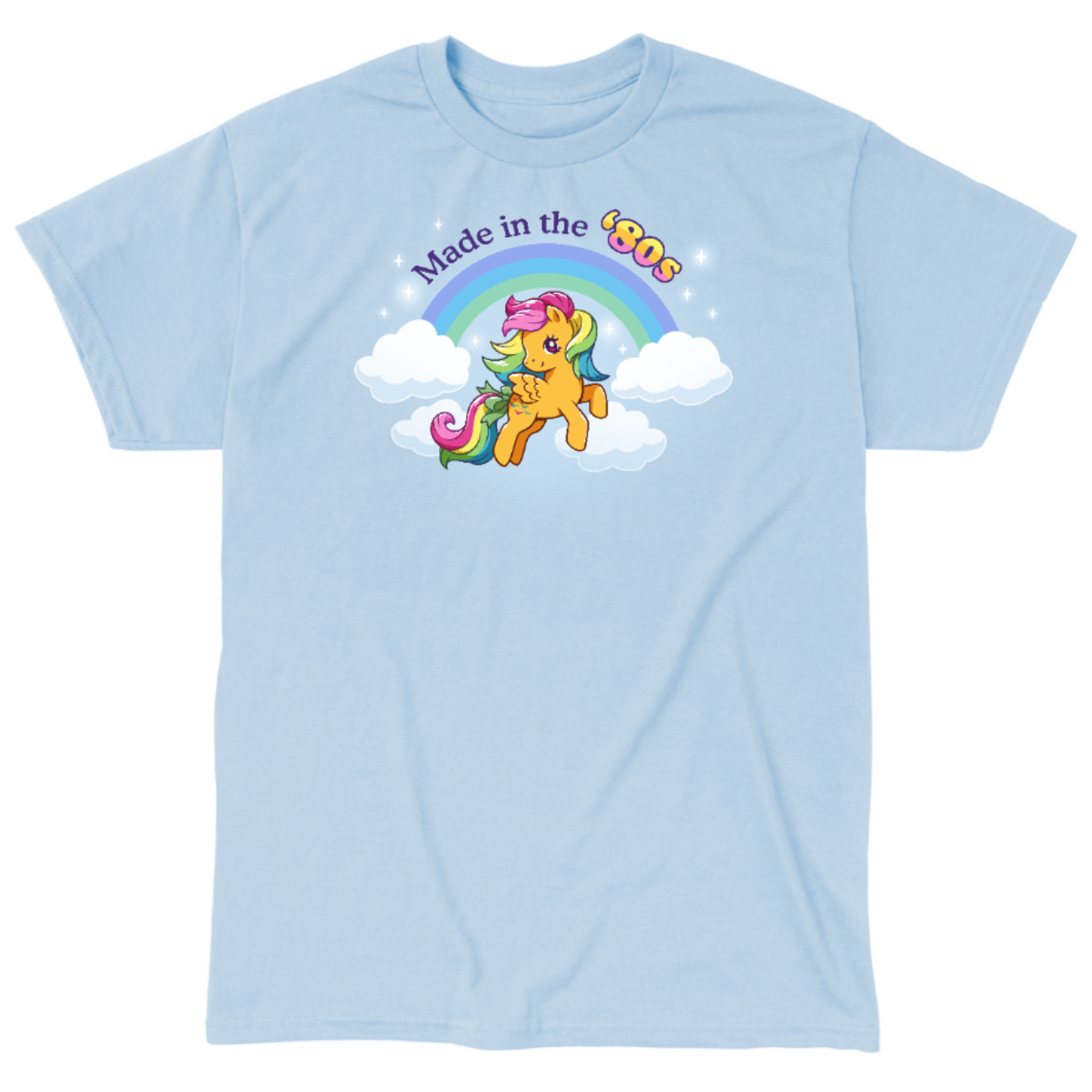 Classic Cotton T-shirt_TeeTurtle light blue Made In the '80s (Skydancer) Classic Cotton T-shirt featuring a cute version of My Little Pony Skydancer in front of a rainbow and the text "Made in the '80s"