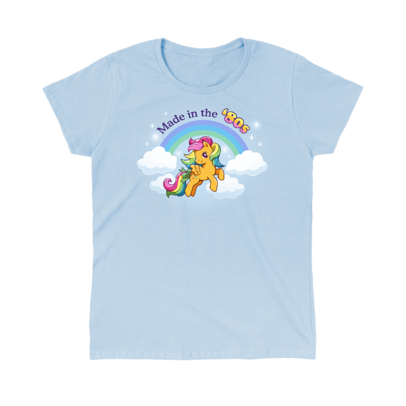Classic Cotton T-shirt_TeeTurtle light blue Made In the '80s (Skydancer) Classic Cotton T-shirt featuring a cute version of My Little Pony Skydancer in front of a rainbow and the text "Made in the '80s"