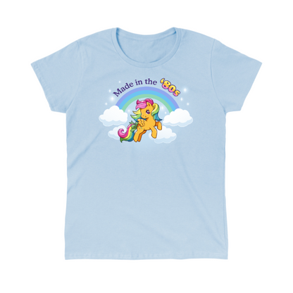 Classic Cotton T-shirt_TeeTurtle light blue Made In the '80s (Skydancer) Classic Cotton T-shirt featuring a cute version of My Little Pony Skydancer in front of a rainbow and the text "Made in the '80s"