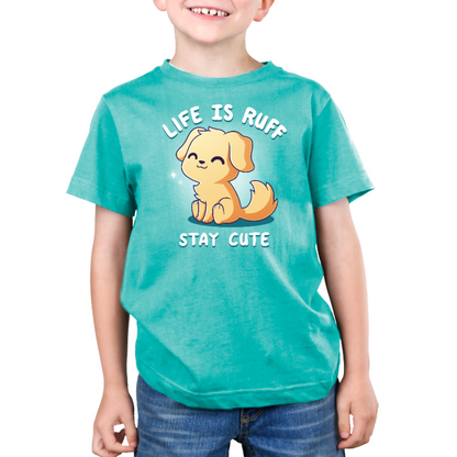 Premium Cotton T-shirt_TeeTurtle caribbean blue Life is Ruff Stay Cute Premium Cotton T-shirt featuring the title text around a very cute little puppy who is smiling