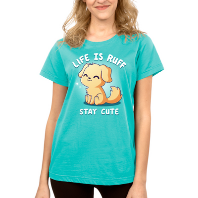 Premium Cotton T-shirt_TeeTurtle caribbean blue Life is Ruff Stay Cute Premium Cotton T-shirt featuring the title text around a very cute little puppy who is smiling