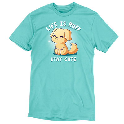 Premium Cotton T-shirt_TeeTurtle caribbean blue Life is Ruff Stay Cute Premium Cotton T-shirt featuring the title text around a very cute little puppy who is smiling