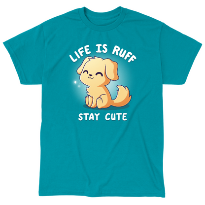 Classic Cotton T-shirt_TeeTurtle tropical blue Life is Ruff Stay Cute Classic Cotton T-shirt featuring the title text around a very cute little puppy who is smiling