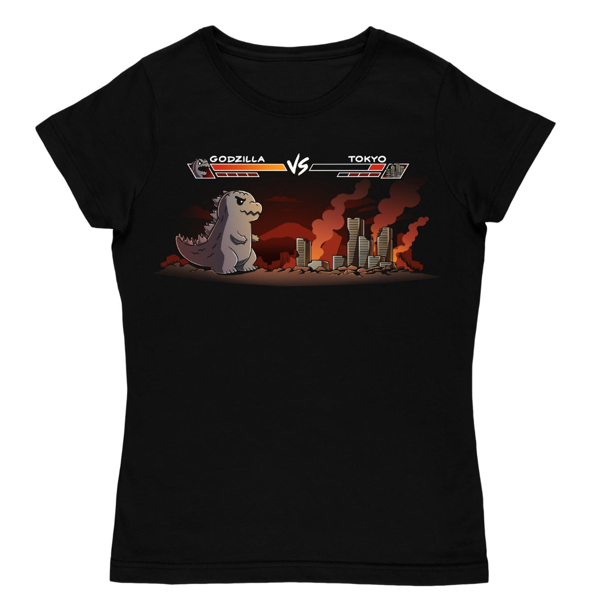 Women's Premium T-Shirt_TeeTurtle black Godzilla Fight Screen Women's Premium T-Shirt featuring Godzilla facing a burning Tokyo skyline in a retro fighting game scene with health bars labeled "Godzilla" and "Tokyo."