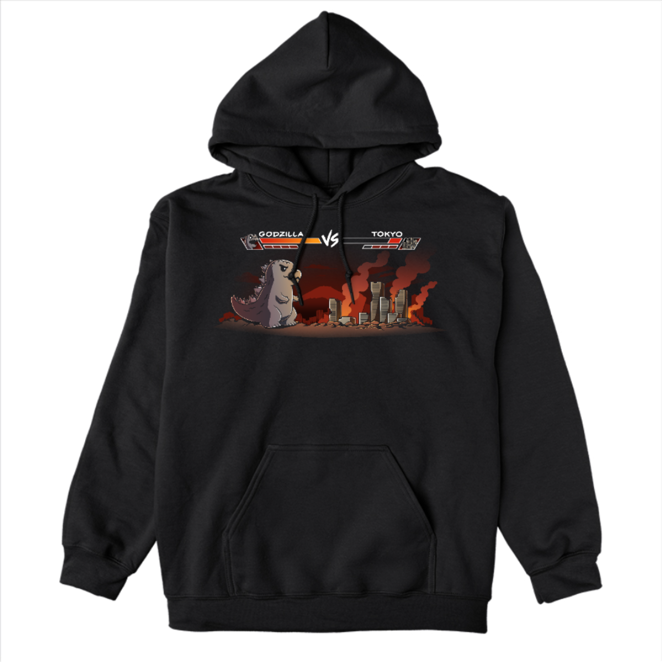 Pullover Hoodie_TeeTurtle black Godzilla Fight Screen Pullover Hoodie featuring a video game start screen showing Godzilla versus Tokyo  