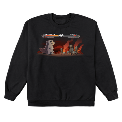 Crew Neck Sweatshirt_TeeTurtle black Godzilla Fight Screen Crew Neck Sweatshirt featuring a video game start screen showing Godzilla versus Tokyo  