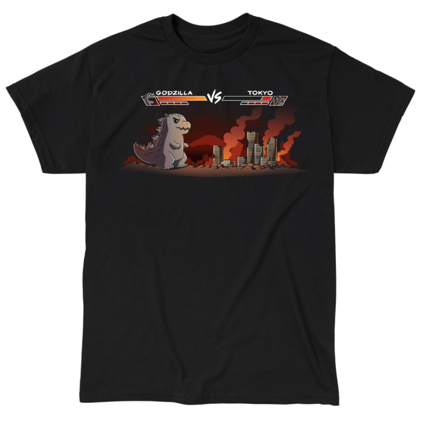 Classic Cotton T-shirt_TeeTurtle black Godzilla Fight Screen Classic Cotton T-shirt featuring a video game start screen showing Godzilla versus Tokyo 