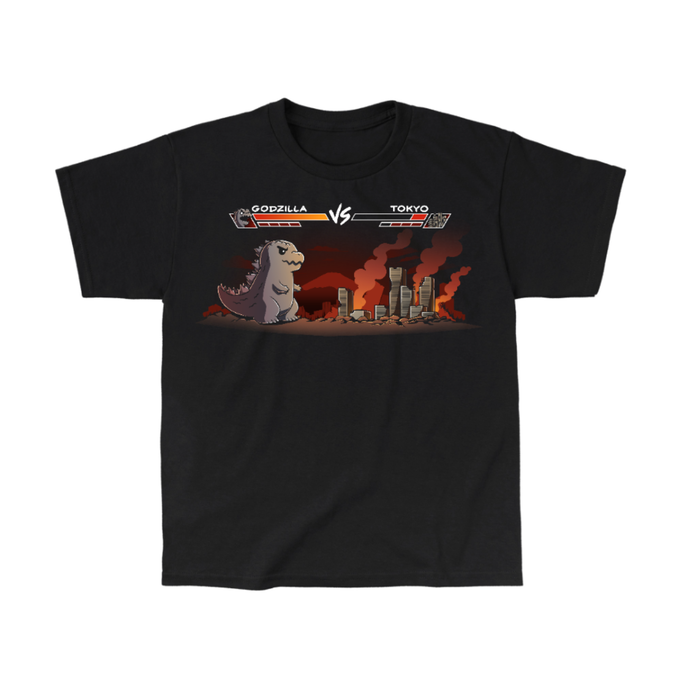 Classic Cotton T-shirt_TeeTurtle black Godzilla Fight Screen Classic Cotton T-shirt featuring a video game start screen showing Godzilla versus Tokyo 