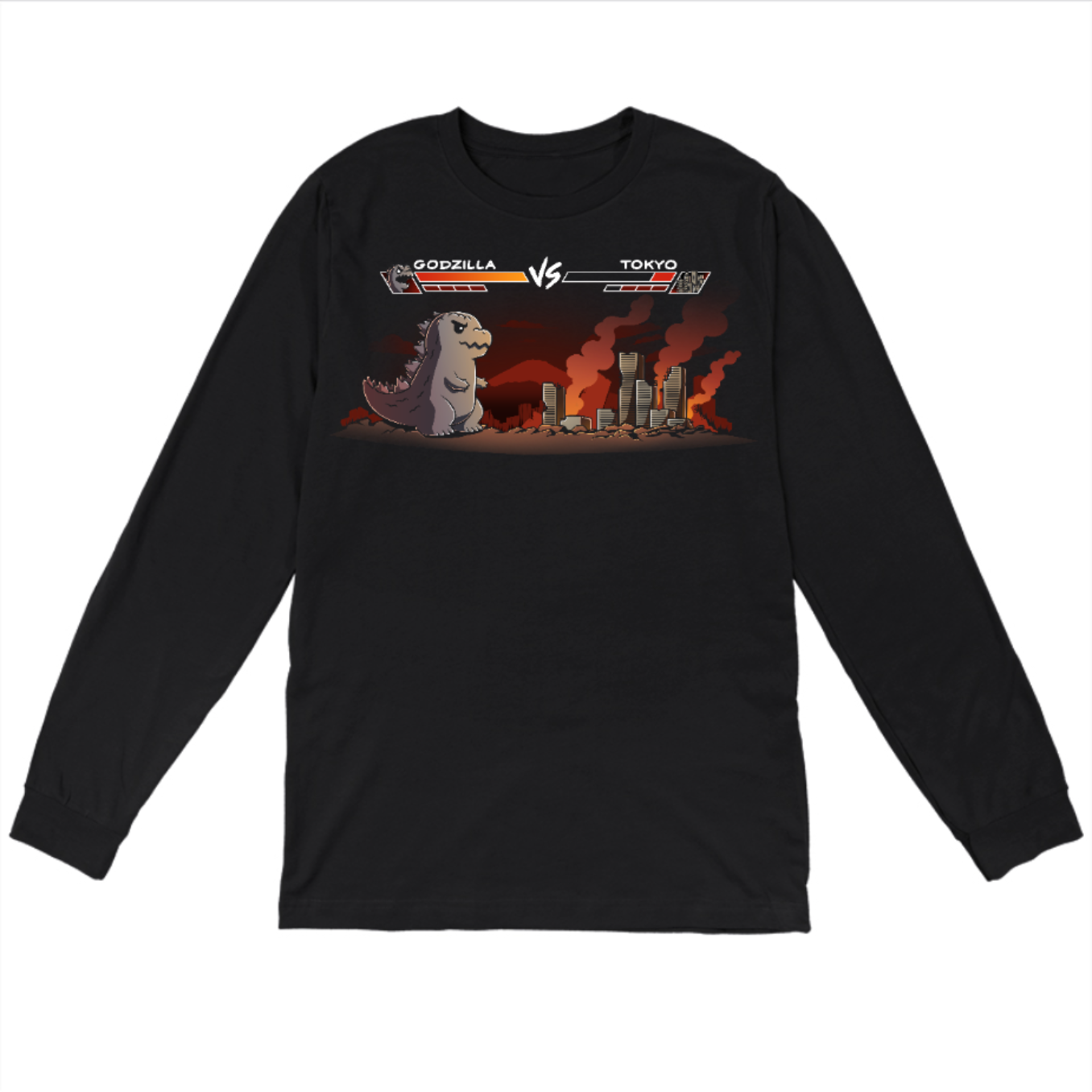 Long Sleeve T-shirt_TeeTurtle black Godzilla Fight Screen Long Sleeve T-shirt featuring a video game start screen showing Godzilla versus Tokyo  