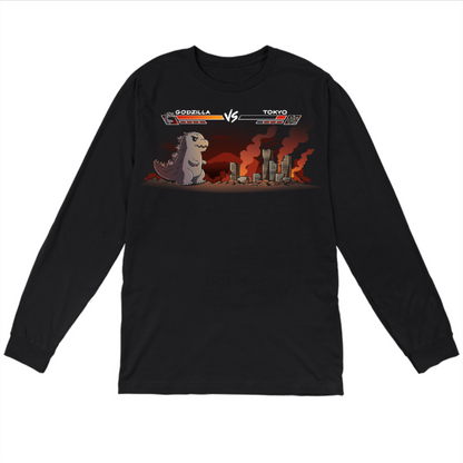 Long Sleeve T-shirt_TeeTurtle black Godzilla Fight Screen Long Sleeve T-shirt featuring a video game start screen showing Godzilla versus Tokyo  