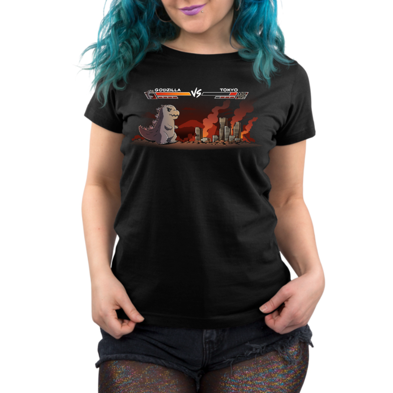 Premium Cotton T-shirt_TeeTurtle black Godzilla Fight Screen Premium Cotton T-shirt featuring a video game start screen showing Godzilla versus Tokyo 