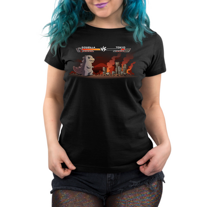 Premium Cotton T-shirt_TeeTurtle black Godzilla Fight Screen Premium Cotton T-shirt featuring a video game start screen showing Godzilla versus Tokyo 
