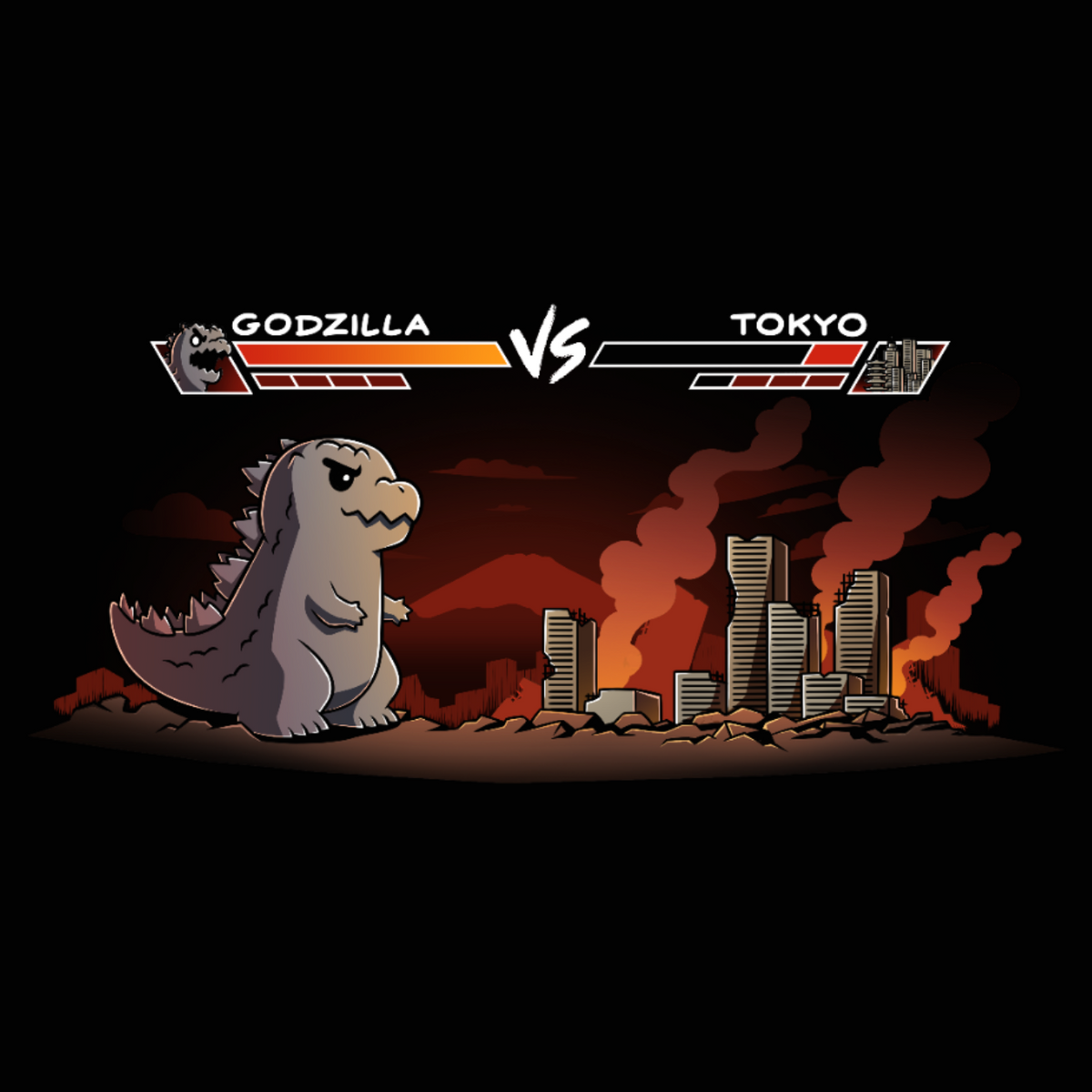 Women's Premium T-Shirt_TeeTurtle black Godzilla Fight Screen Women's Premium T-Shirt featuring Godzilla facing a burning Tokyo skyline in a retro fighting game scene with health bars labeled "Godzilla" and "Tokyo."