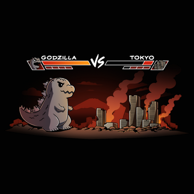 Women's Premium T-Shirt_TeeTurtle black Godzilla Fight Screen Women's Premium T-Shirt featuring Godzilla facing a burning Tokyo skyline in a retro fighting game scene with health bars labeled "Godzilla" and "Tokyo."