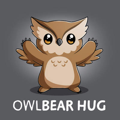 Premium Cotton T-shirt_TeeTurtle charcoal gray Premium Cotton T-shirt featuring the words "owlbear hug" under a cute owlbear with open arms.
