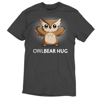 Premium Cotton T-shirt_TeeTurtle charcoal gray Premium Cotton T-shirt featuring the words "owlbear hug" under a cute owlbear with open arms.
