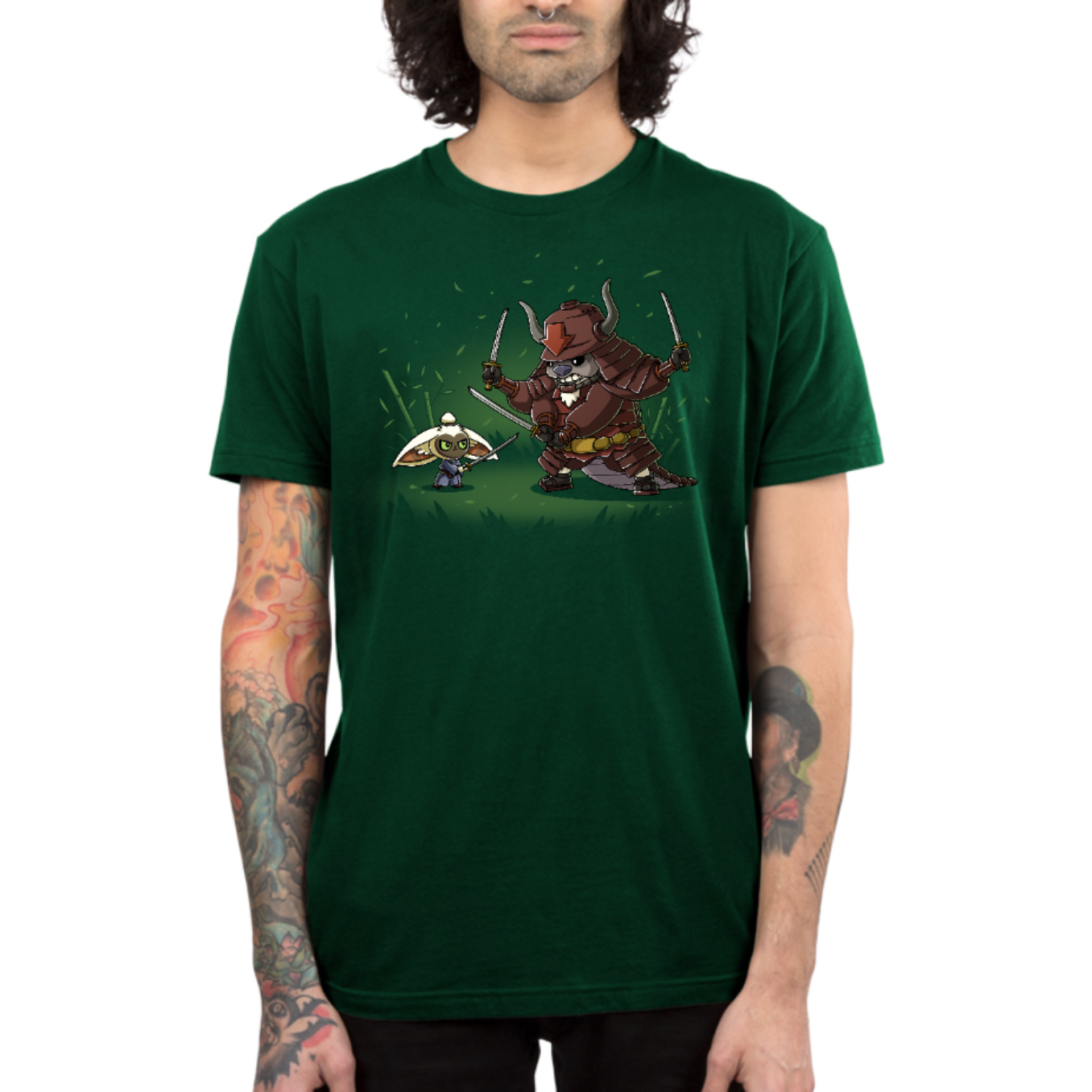 Premium Cotton T-shirt_TeeTurtle forest green Ronin Momo and Samurai Appa Premium Cotton T-shirt featuring Momo and Appa from Avatar: The Last Airbender preparing to spar. Momo has one sword while Appa has three. Their expressions are serious. 