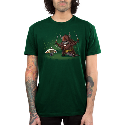 Premium Cotton T-shirt_TeeTurtle forest green Ronin Momo and Samurai Appa Premium Cotton T-shirt featuring Momo and Appa from Avatar: The Last Airbender preparing to spar. Momo has one sword while Appa has three. Their expressions are serious. 