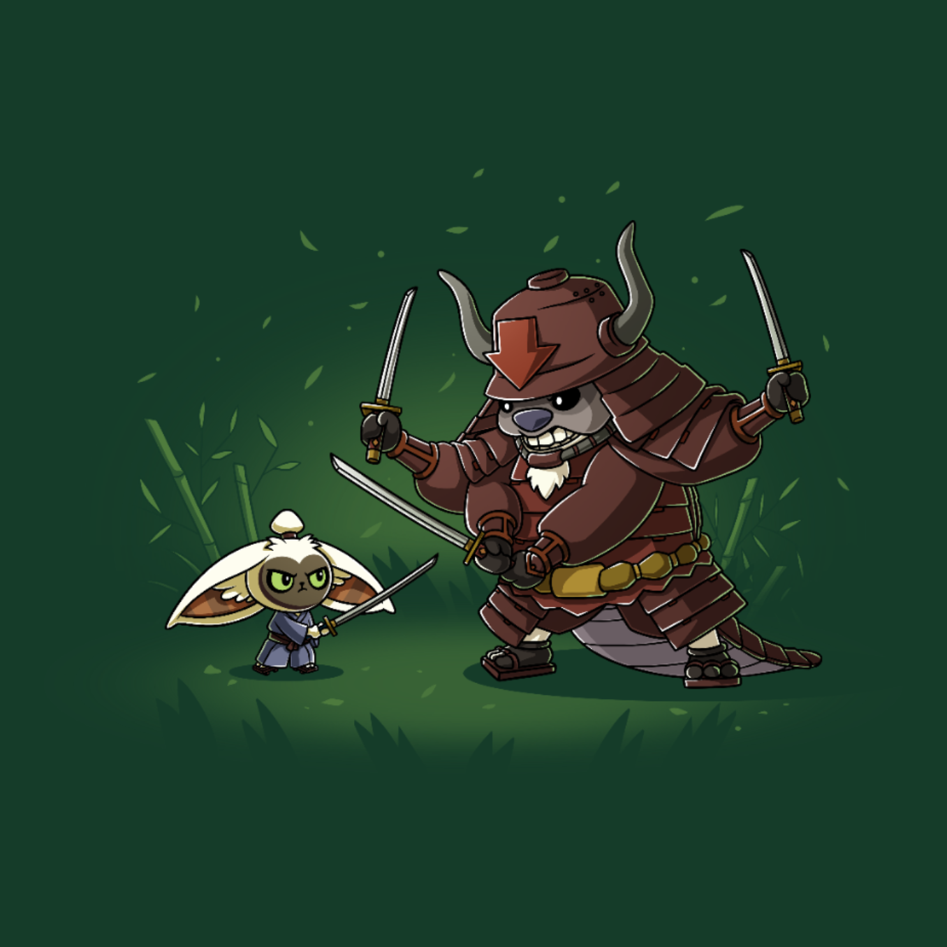 Premium Cotton T-shirt_TeeTurtle forest green Ronin Momo and Samurai Appa Premium Cotton T-shirt featuring Momo and Appa from Avatar: The Last Airbender preparing to spar. Momo has one sword while Appa has three. Their expressions are serious. 