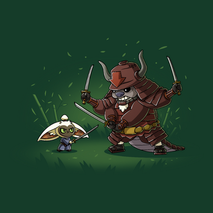 Premium Cotton T-shirt_TeeTurtle forest green Ronin Momo and Samurai Appa Premium Cotton T-shirt featuring Momo and Appa from Avatar: The Last Airbender preparing to spar. Momo has one sword while Appa has three. Their expressions are serious. 