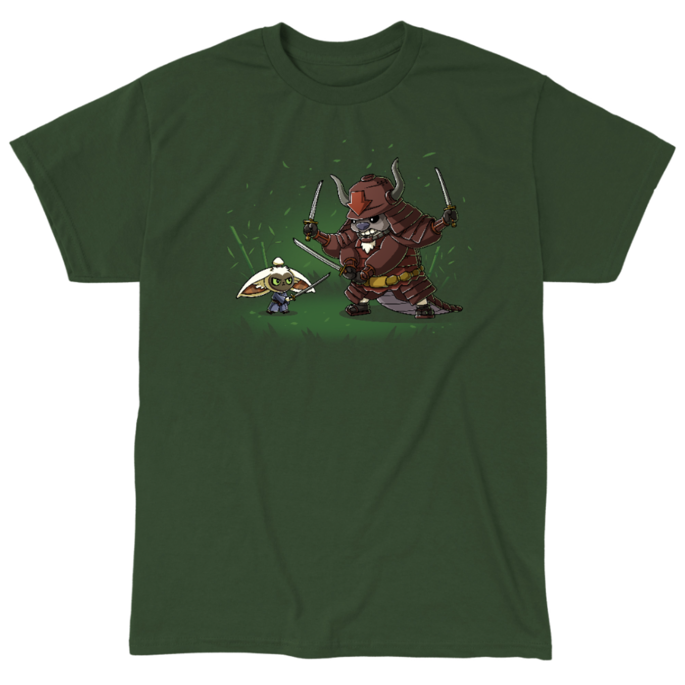 Classic Cotton T-shirt_TeeTurtle forest green Ronin Momo and Samurai Appa Classic Cotton T-shirt featuring Momo and Appa from Avatar: The Last Airbender preparing to spar. Momo has one sword while Appa has three. Their expressions are serious. 