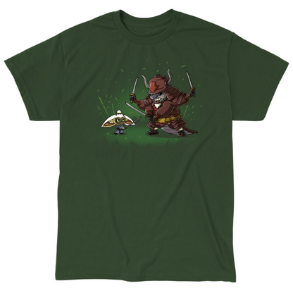 Classic Cotton T-shirt_TeeTurtle forest green Ronin Momo and Samurai Appa Classic Cotton T-shirt featuring Momo and Appa from Avatar: The Last Airbender preparing to spar. Momo has one sword while Appa has three. Their expressions are serious. 