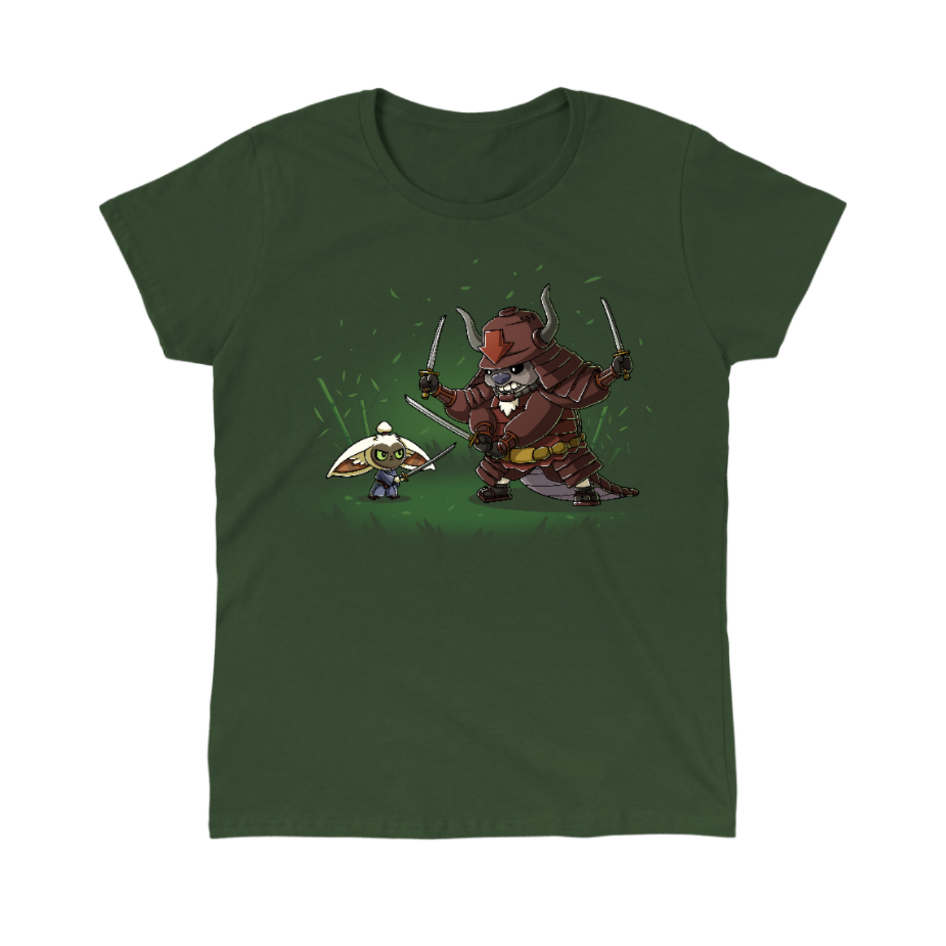 Classic Cotton T-shirt_TeeTurtle forest green Ronin Momo and Samurai Appa Classic Cotton T-shirt featuring Momo and Appa from Avatar: The Last Airbender preparing to spar. Momo has one sword while Appa has three. Their expressions are serious. 
