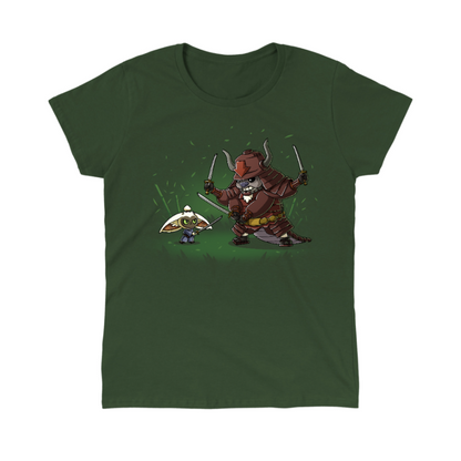 Classic Cotton T-shirt_TeeTurtle forest green Ronin Momo and Samurai Appa Classic Cotton T-shirt featuring Momo and Appa from Avatar: The Last Airbender preparing to spar. Momo has one sword while Appa has three. Their expressions are serious. 