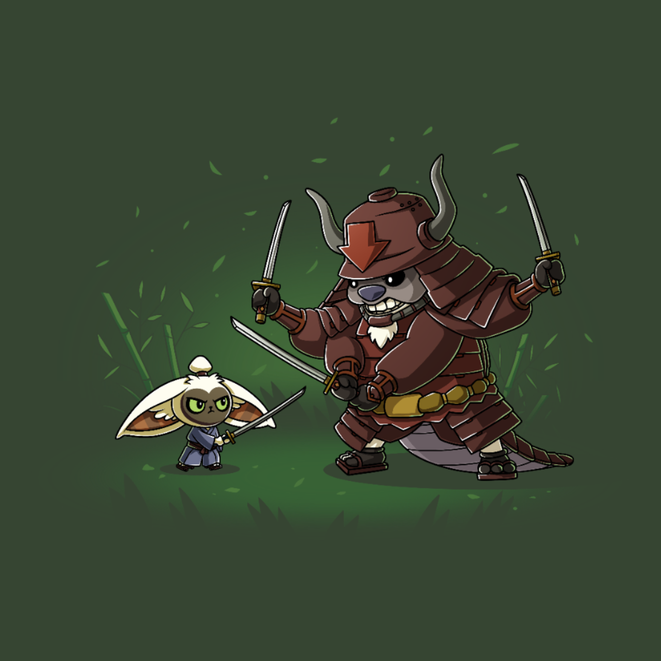 Classic Cotton T-shirt_TeeTurtle forest green Ronin Momo and Samurai Appa Classic Cotton T-shirt featuring Momo and Appa from Avatar: The Last Airbender preparing to spar. Momo has one sword while Appa has three. Their expressions are serious. 